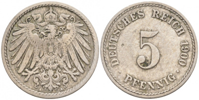 ГЕРМАНИЯ 5 ПФЕННИГОВ 1901 A, KM 11, J. 12 медно-никель 73-166