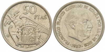ИСПАНИЯ 50 ПЕСЕТ 1958 1957 ГОД, ФРАНЦИСКО ФРАНКО KM 788 медно-никель 3457-225