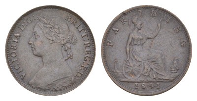 Великобритания 1 фартинг 1891 Виктория (1837-1901) KM 753, Spink 3958 бронза 4630-162