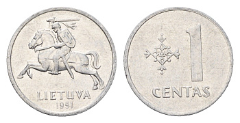 Литва 1 цент (сент) 1991 год-тип KM 85 алюминий 4701-1233