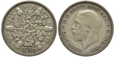 Великобритания 6 пенсов 1936 Георг V (1910-1936) KM 832, Spink 4041 серебро 4538-413