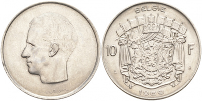 БЕЛЬГИЯ 10 ФРАНКОВ 1969 BELGIE, БОДУЭН I (1951-1993) KM 156.1 никель 69-234