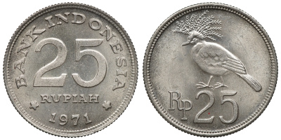 Индонезия 25 рупий 1971 год тип, венценосный голубь KM 34 медно-никель aUNC 4118-144