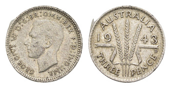 Австралия 3 пенса 1943 D, Георг VI (1936-1952) KM 37 серебро 4649-1064