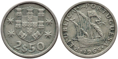 Португалия 2,5 эскудо 1965 парусник KM 590 медно-никель 4396-137