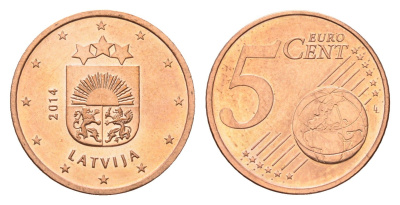 Латвия 5 евроцентов 2014 KM 152 сталь плакированная медью UNC 4694-1028