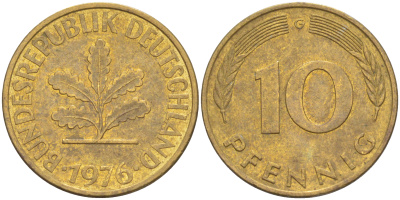 ФРГ 10 пфеннигов 1976 G KM 108, J. 383 сталь плакированная латунью 58-536