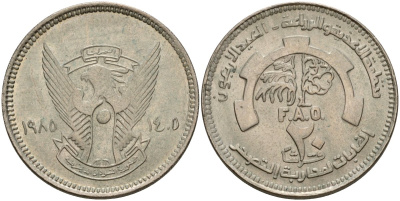Судан 20 гиршей 1985 40 лет ООН KM 96 медно-никель UNC 4542-131