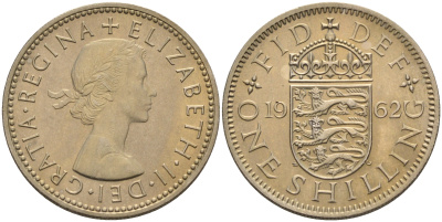 Великобритания 1 шиллинг 1962 Елизавета II (1952-2022), Английский герб KM 904, Spink 4147 медно-никель 4592-314