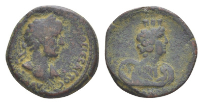 Римская Империя, Провинция Аравия, Бостра AE 117-138 Адриан, голова императора/бюст персонификации Аравии, держащей младенца у груди, (из старой нидерландской коллекции) RPC III 4083 бронза 1100-10-34