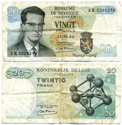Бельгия 20 франков 1964 Бодуэн I, атомиум, d Haeze Pick 138 (1) бумага 7204-4-1-1