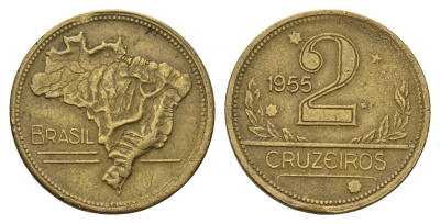 Бразилия 2 крузейро 1955 KM 559 алюминиевая бронза 4391-331