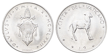 Ватикан 2 лиры 1970 MCMLXX, Павел KM 117 алюминий UNC 4697-1023