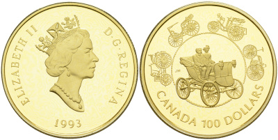 Канада 100 долларов 1993 эволюция старинных автомобилей KM 245 золото PROOF 00-00