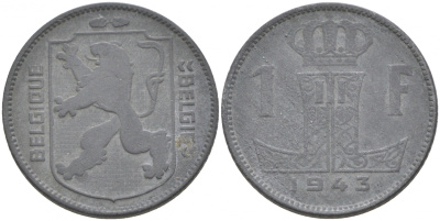 БЕЛЬГИЯ 1 ФРАНК 1943 BELGIQUE-BELGIE KM 127 цинк 68-233