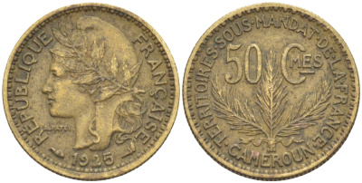 Французский Камерун 50 сантимов 1925 (а), монетный двор Париж KM 1 алюминиевая бронза 4608-434