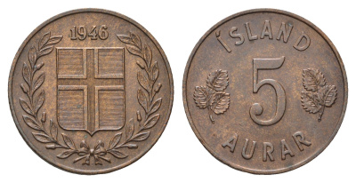 Исландия 5 эйре 1946 KM 9 бронза 4695-521