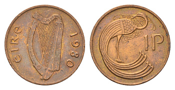 Ирландия 1 пенни 1980 мифологическая птица лира KM 20 бронза 4696-415