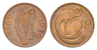 Ирландия 1 пенни 1980 мифологическая птица лира KM 20 бронза 4696-415