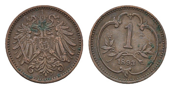 Австрия 1 геллер 1893 Франц Иосиф I (1848-1916) KM 2800 бронза 4702-366