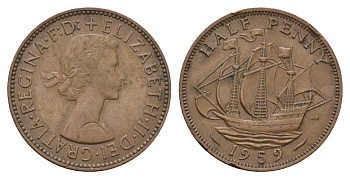 Великобритания 1/2 пенни 1959 Елизавета II (1952-2022) KM 896, Spink 4158 бронза 4707-216