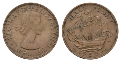 Великобритания 1/2 пенни 1959 Елизавета II (1952-2022) KM 896, Spink 4158 бронза 4707-216