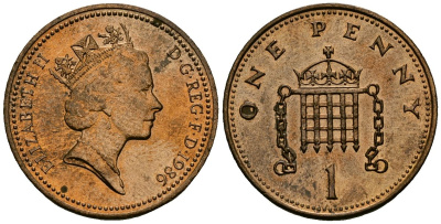 Великобритания 1 пенни 1986 Елизавета II (1952-2022) KM 935, Spink 4381 (B3) бронза 4589-1014