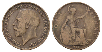 Великобритания 1 пенни 1918 Георг V (1910-1936) KM 810, Spink 4051 бронза 4144-415