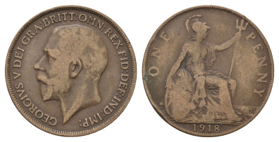 Великобритания 1 пенни 1918 Георг V (1910-1936) KM 810, Spink 4051 бронза 4144-415
