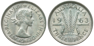 Австралия 3 пенса 1963 m, Елизавета II (1952-2022) KM 57 серебро 71-835
