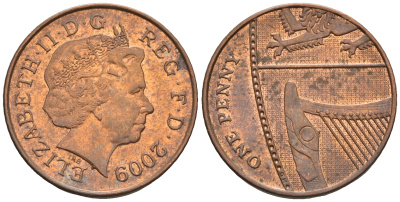 Великобритания 1 пенни 2009 Елизавета II (1952-2022) KM 1107, Spink B6 сталь плакированная медью 4609-653