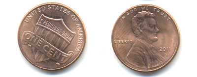 США 1 ЦЕНТ 2011 D ЛИНКОЛЬН, ЩИТ KM 469 цинк плакированный медью 86-369