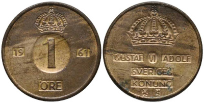 Швеция 1 эре 1961 TS, Густав VI Адольф (1950-1973) KM 820 бронза 201-1149