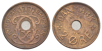 Дания 2 эре 1936 N, Кристиан X (1912-1947) KM 827 бронза 4701-832