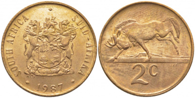 ЮАР 2 цента 1987 герб, антилопа гну KM 83 бронза UNC 110-545