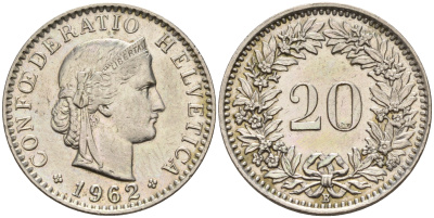 Швейцария 20 раппенов 1962 B KM 29a медно-никель    4161-651