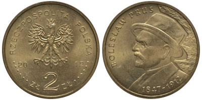 Польша 2 злотых 2012 MW, 100 лет со дня смерти Болеслава Пруса (1847-1912) KM 838 нордик UNC M74-01