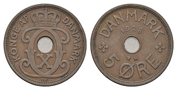 Дания 5 эре 1928 N, Кристиан X (1912-1947) KM 828 бронза 4700-827