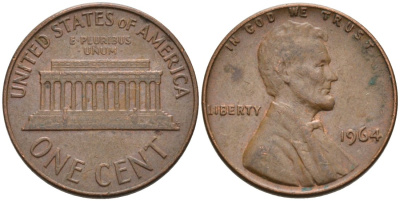 США 1 цент 1964 Линкольн KM 201 медь цинк 4564-431