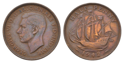 Великобритания 1/2 пенни 1942 Георг VI (1936-1952) KM 844, Spink 4115 бронза 4700-1214