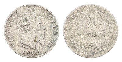Италия 20 чентезимо 1863 M, Виктор Эммануил II (1861-1878) KM 13.1 серебро 4580-1249