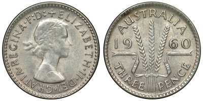 Австралия 3 пенса 1960 m, Елизавета II (1952-2022) KM 57 серебро 71-639
