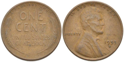 США 1 ЦЕНТ 1953 D, ЛИНКОЛЬН KM А132 медь цинк 218-631