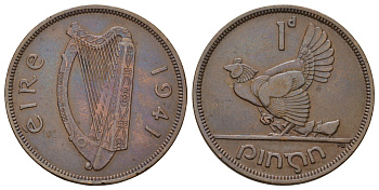 Ирландия 1 пенни 1941 курица с цыплятами KM 11 бронза 4512-924