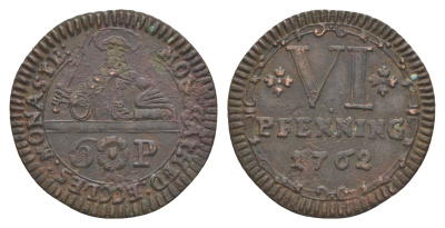 Мюнстер 6 пфеннигов 1762 Монетный двор кафедрального капитула KM 441 медь 633-1825