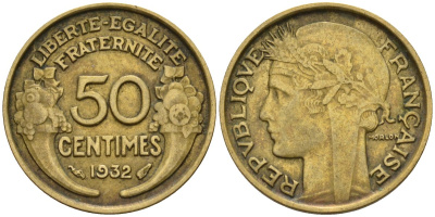 Франция 50 сантимов 1932 KM 894.1, Le Franc 192.15 алюминиевая бронза 4596-757