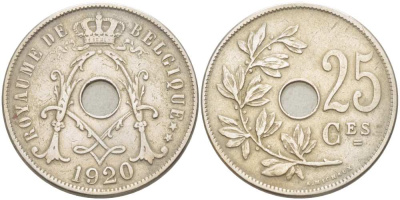 БЕЛЬГИЯ 25 САНТИМОВ 1920 BELGIQUE KM 68.1 медно-никель 210-1054