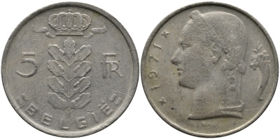БЕЛЬГИЯ 5 ФРАНКОВ 1971 BELGIE KM 135.1 медно-никель 98-554