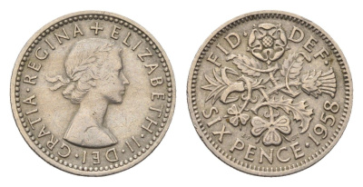 Великобритания 6 пенсов 1958 Елизавета II (1952-2022) KM 903, Spink 4149 медно-никель 4696-824