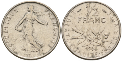 Франция 1/2 франка 1968 сеятель KM 931.1 никель    4152-1237